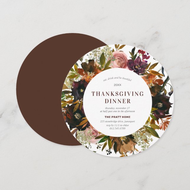 Invitation Dîner Thanksgiving Bourgogne Rouge Floral Moderne (Devant / Derrière)