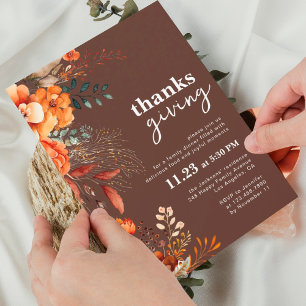 Invitation Dîner Thanksgiving brun fleuri