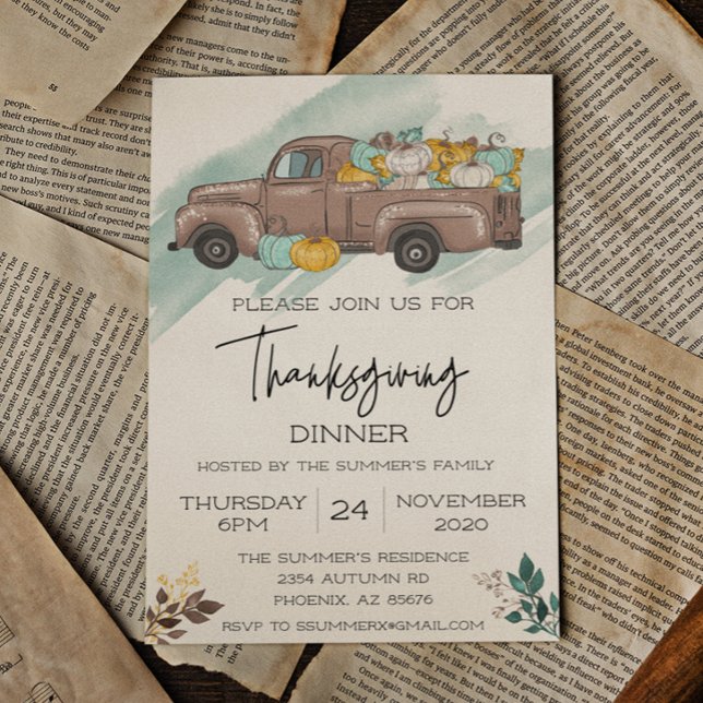 Invitation Dîner Thanksgiving Citrouille Camion aquarelle (Créateur téléchargé)