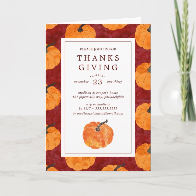 Invitation Dîner Thanksgiving | Citrouilles aquarelles (Devant)