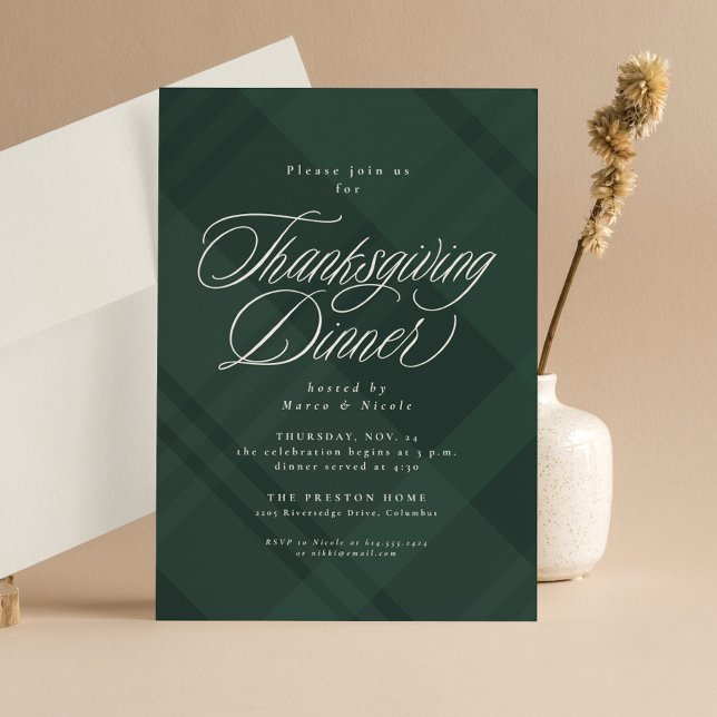 Invitation Dîner Thanksgiving classique vert chute plaid (Créateur téléchargé)