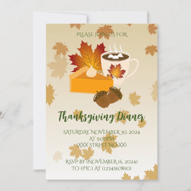 Invitation Dîner Thanksgiving Cuisine Citrouille Pie Hot Choc (Devant)