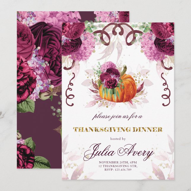 Invitation Dîner Thanksgiving Élégant automne Bourgogne (Devant / Derrière)