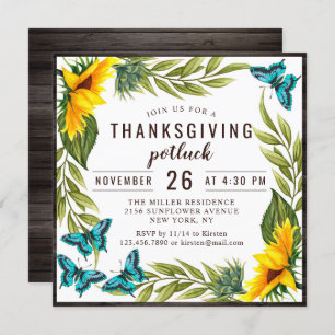 Invitation Dîner Thanksgiving Potluck Aquarelle Sunflowers