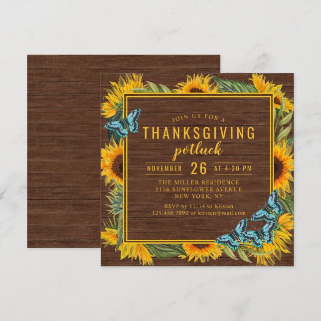 Invitation Dîner Thanksgiving Potluck Aquarelle Sunflowers (Devant / Derrière)