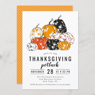 Invitation Dîner Thanksgiving Potluck Floral Citrouille moder