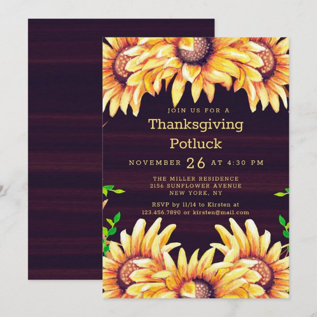 Invitation Dîner Thanksgiving Potluck Russe Chute Tournesols (Devant / Derrière)