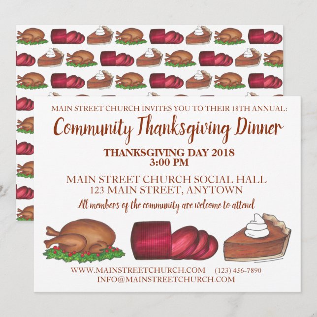 Invitation Dîner Thanksgiving Turquie Cranberry Citrouille Pi (Devant / Derrière)