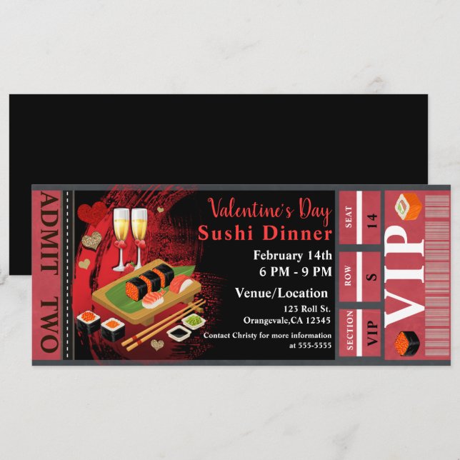 Invitation Dîner Valentine Black Red Sushi Party VIP Ticket (Devant / Derrière)