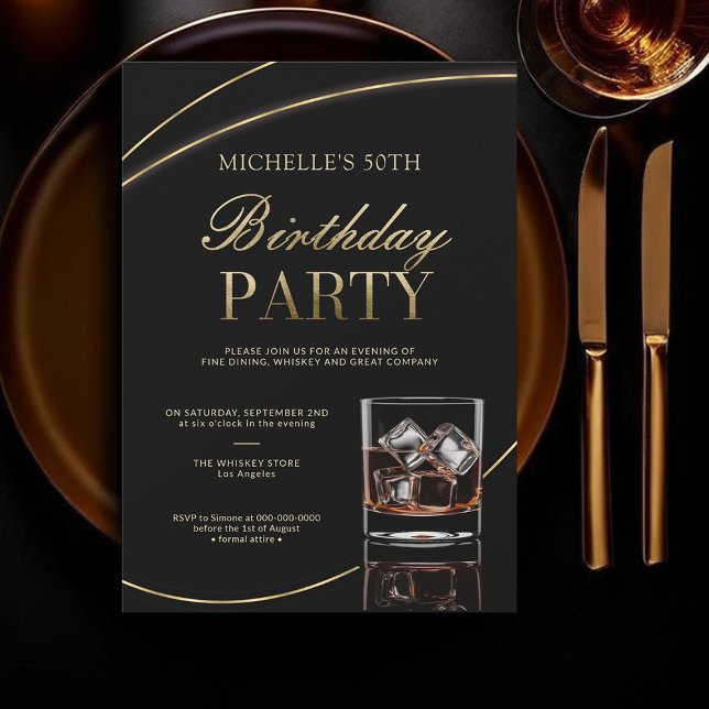 Invitation Dîner Whiskey Cocktails Calligraphie 50e anniversa (whiskey lover 50th birthday invitation women dinner party cocktail elegant black gold calligraphy)