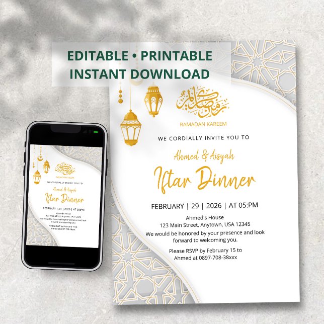 Invitation Dîners Iftar élégants avec lanternes dorées Ramada (Créateur téléchargé)