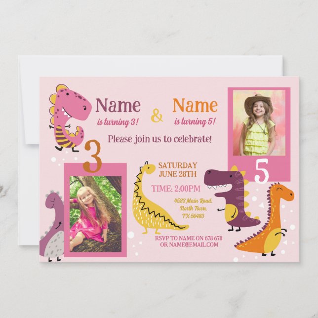 Invitation Dino Anniversaire de enfant Girls Pink Photo Parti (Devant)