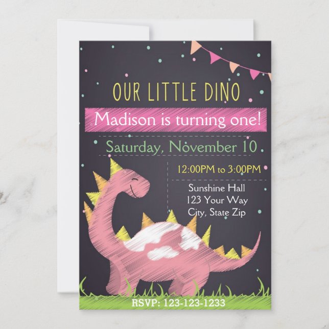 Invitation Dino Anniversaire (fille) (Devant)