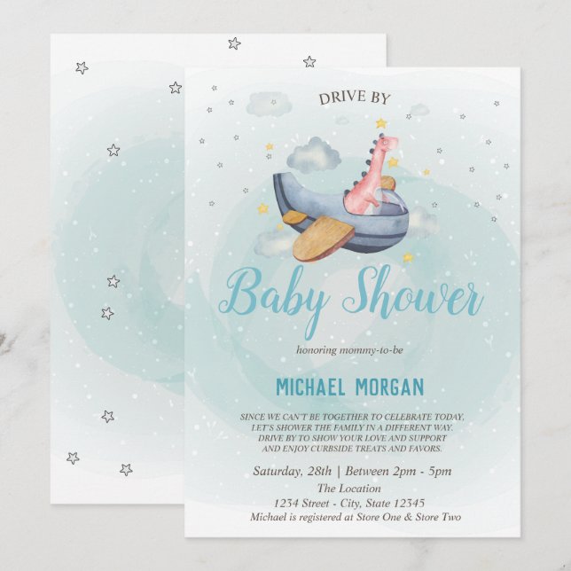 Invitation Dino Avion Conduite Par Baby shower (Devant / Derrière)