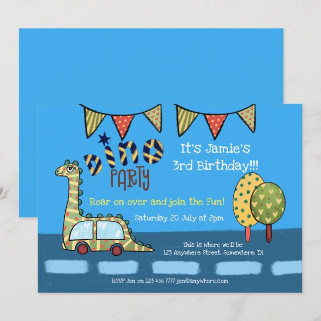 Invitation Dino Car Dinosaur Blue Yellow Boys Anniversaire (Devant / Derrière)
