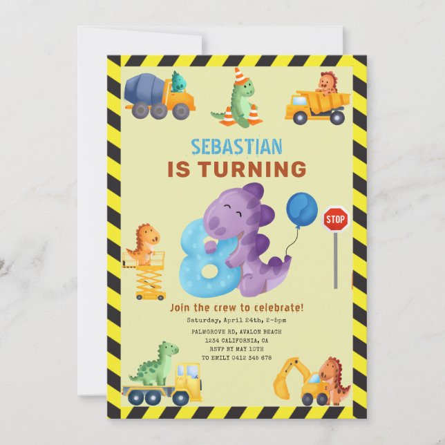 Invitation Dino Crew 8e anniversaire de construction Dinosaur (Devant)