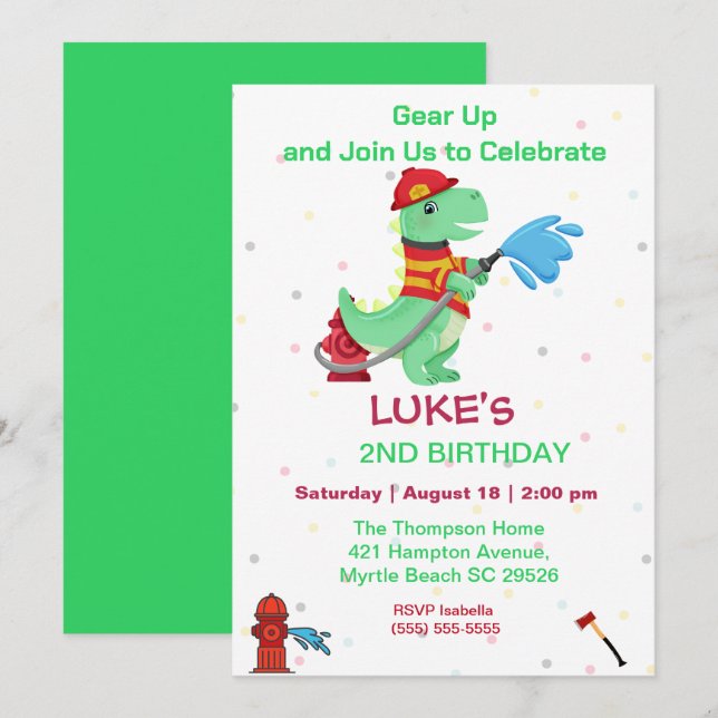 Invitation Dino Fireman Enfants 2e fête d'anniversaire (Devant / Derrière)
