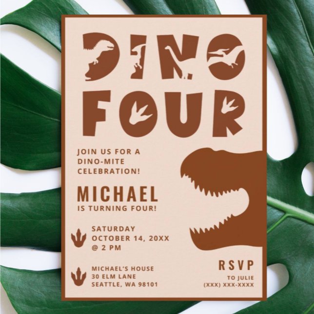 Invitation Dino Four Burnt Orange Dinosaur 4ème anniversaire  (Créateur téléchargé)