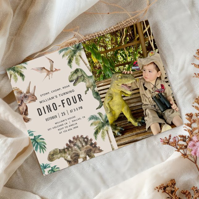 Invitation Dino-Four Dinosaur 4ème anniversaire Photo (Créateur téléchargé)