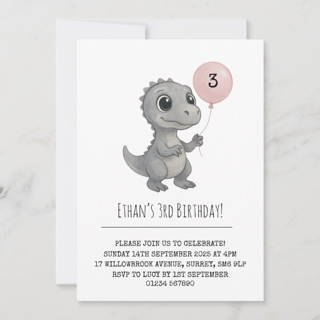 Invitation Dino gris avec ballons rose Illustration Anniversa (Devant)
