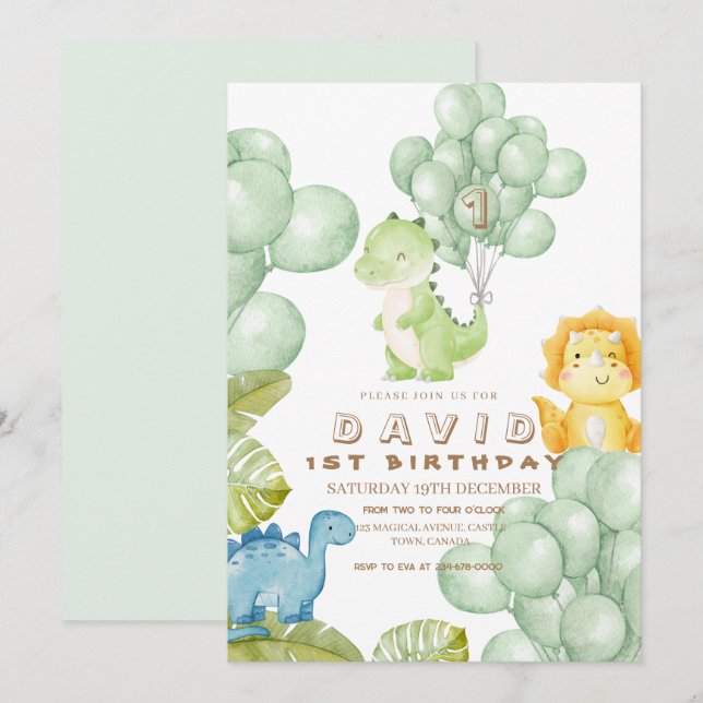 Invitation Dino Party 1er Anniversaire Ballons d'aquarelle (Devant / Derrière)