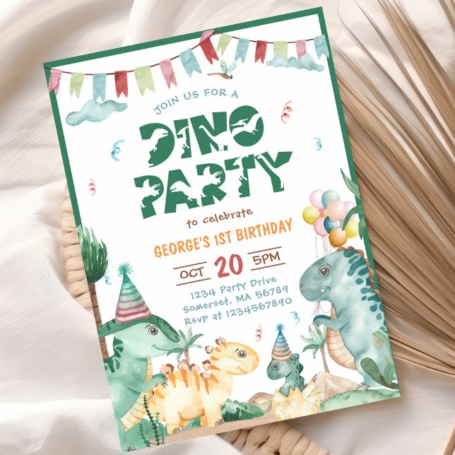 Invitation Dino Party Cute Dinosaures Premier anniversaire (Créateur téléchargé)