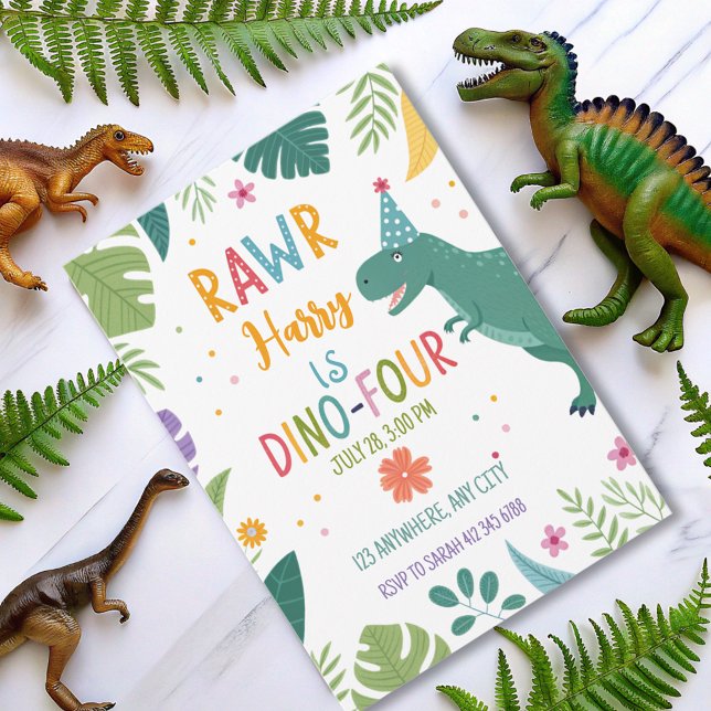 Invitation dino-quatre dinosaures garçon 4 e anniversaire (Créateur téléchargé)