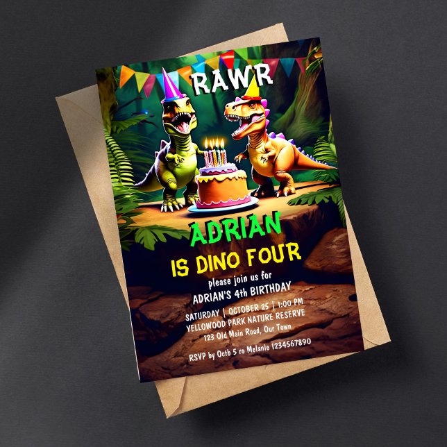 Invitation Dino quatre modèle d'anniversaire de dinosaures co (Dino four dinosaur birthday party editable template invitation digital download t-rex dinosaurs)