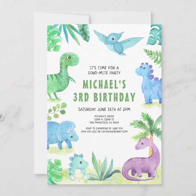 Invitation Dino Three Trex Boy 3ème Dinosaur Anniversaire (Devant)