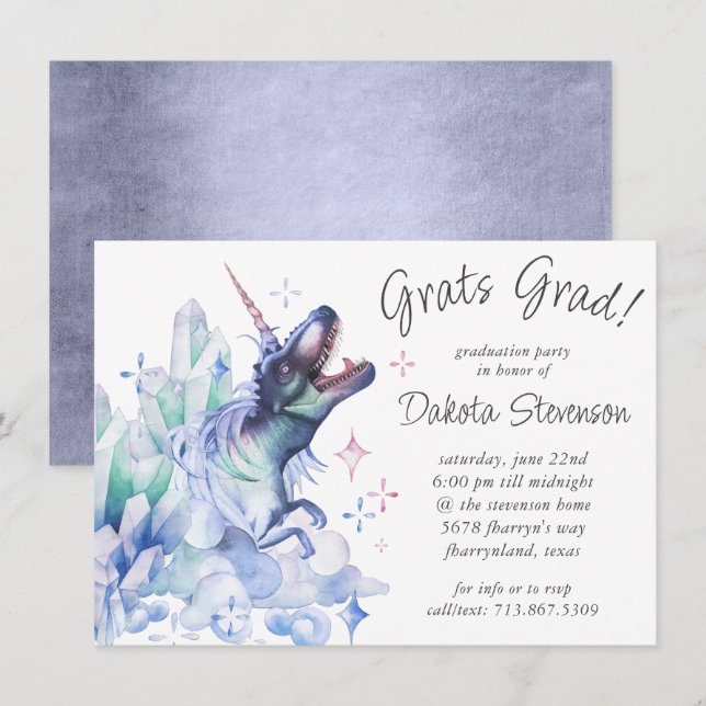 Invitation Dinocorn cristal violet | Unicorn Dinosaur Grad (Devant / Derrière)