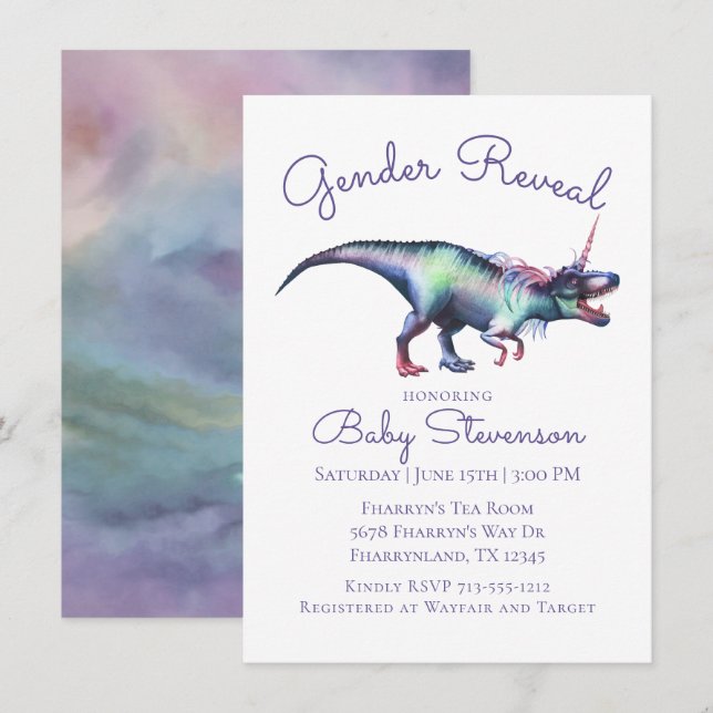 Invitation Dinocorn Révélation de genre | Dinosaure de licorn (Devant / Derrière)