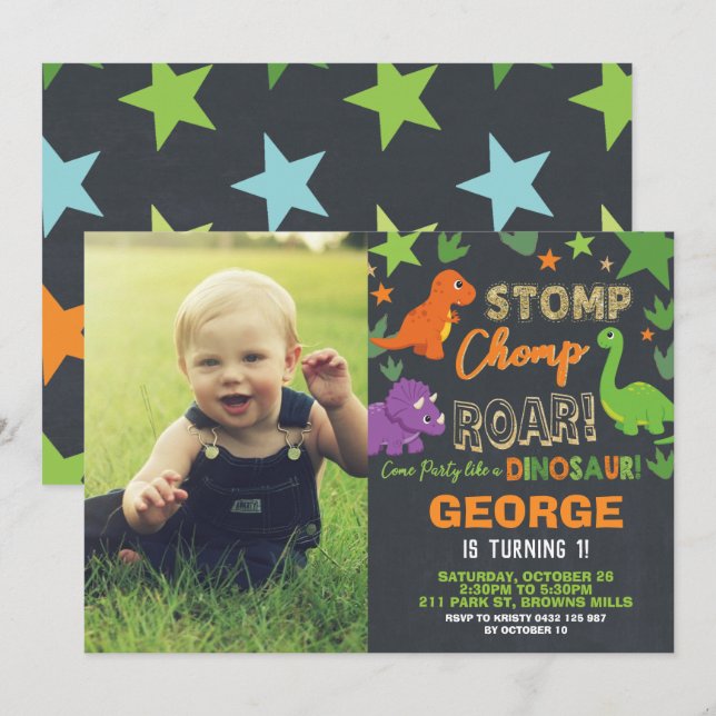 Invitation Dinosaur 1er anniversaire de fête Garçon Stomp Cho (Devant / Derrière)