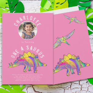 Invitation Dinosaur 1er anniversaire fête rose