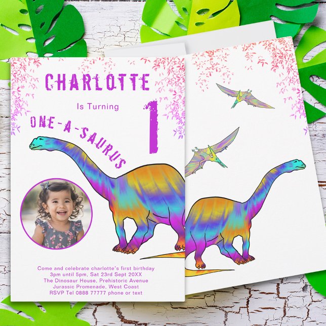 Invitation Dinosaur 1er anniversaire fête rose photo (Colorful dinosaur 1st birthday party invitation one-a-saurus watercolor brontosaurus & pterodactyl )