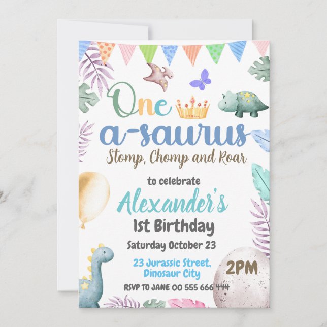 Invitation Dinosaur 1er anniversaire One-A-Saurus Boy Party (Devant)
