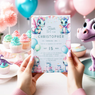 Invitation Dinosaur 1er anniversaire Pastel Cute Dino Dragon