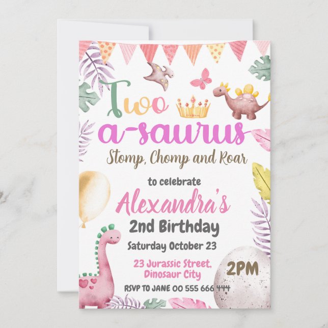 Invitation Dinosaur 2e anniversaire Deux-A-Saurus Girl Party (Devant)