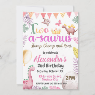 Invitation Dinosaur 2e anniversaire Deux-A-Saurus Girl Party