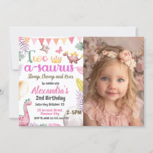 Invitation Dinosaur 2e anniversaire Photo Deux-A-Saurus Girl
