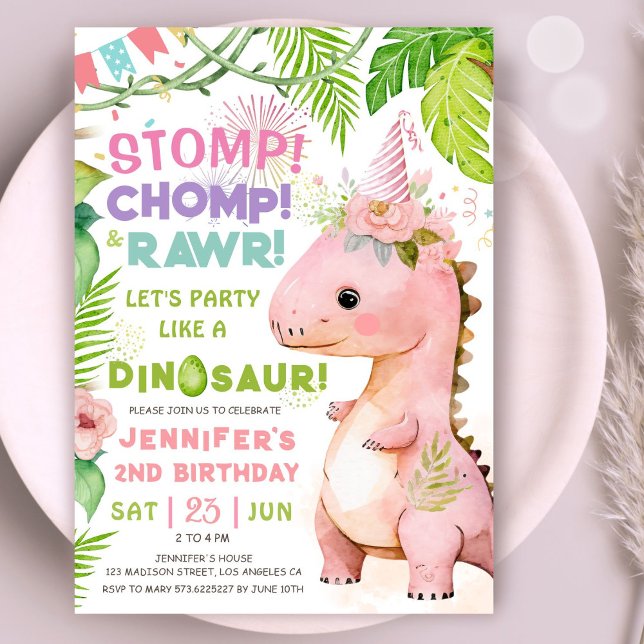 Invitation Dinosaur 2e fête d'anniversaire Pink Dinosaur fill (#DinosaurBirthdayInvitation #DinosaurBirthdayInvite #GirlDinosaurBirthdayInvitation)