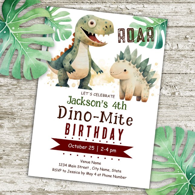 Invitation Dinosaur 4e anniversaire Boy aquarelle (Créateur téléchargé)