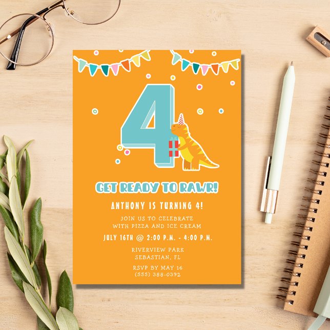 Invitation Dinosaur 4e fête d'anniversaire de garçon (Créateur téléchargé)