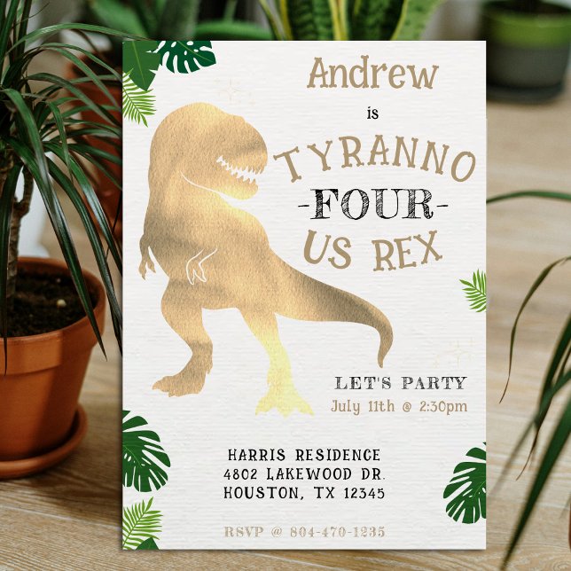 Invitation Dinosaur 4e fête d'anniversaire Gold Tyrannosaurus (Dinosaur 4th Birthday Party Gold Tyrannosaurus Rex Invitation
)