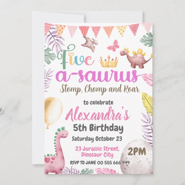 Invitation Dinosaur 5e anniversaire fille 5 A Saurus Party (Devant)