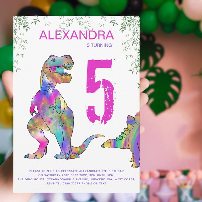 Invitation Dinosaur 5e fête d'anniversaire pour filles (Girls pink dinosaur 5th birthday party invitation )