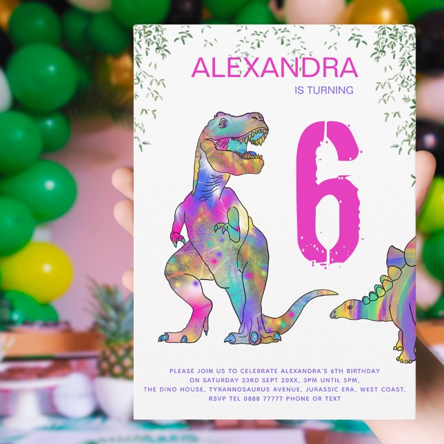 Invitation Dinosaur 6e fête d'anniversaire pour les filles ro (Colorful dinosaur girls 6th birthday party invitation T-Rex and stegosaurus & bright pink typography)