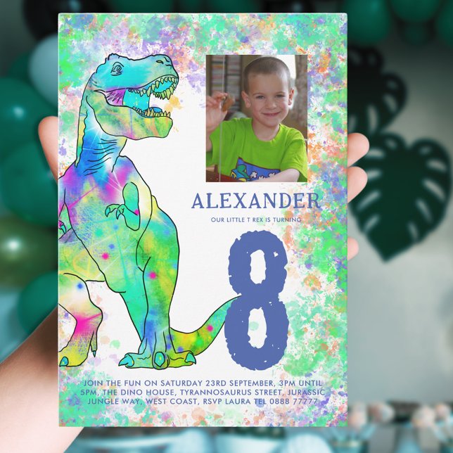 Invitation Dinosaur 8ème anniversaire de fête Photo Bleu (T-Rex dinosaur 8th birthday party invitation with photo template colorful watercolor Jurassic dino)