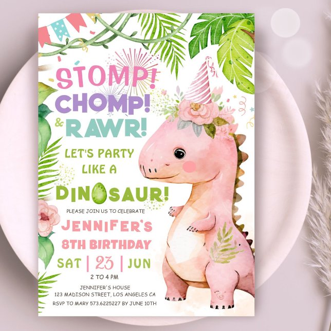 Invitation Dinosaur 8ème anniversaire fête Pink Dinosaur fill (Créateur téléchargé)