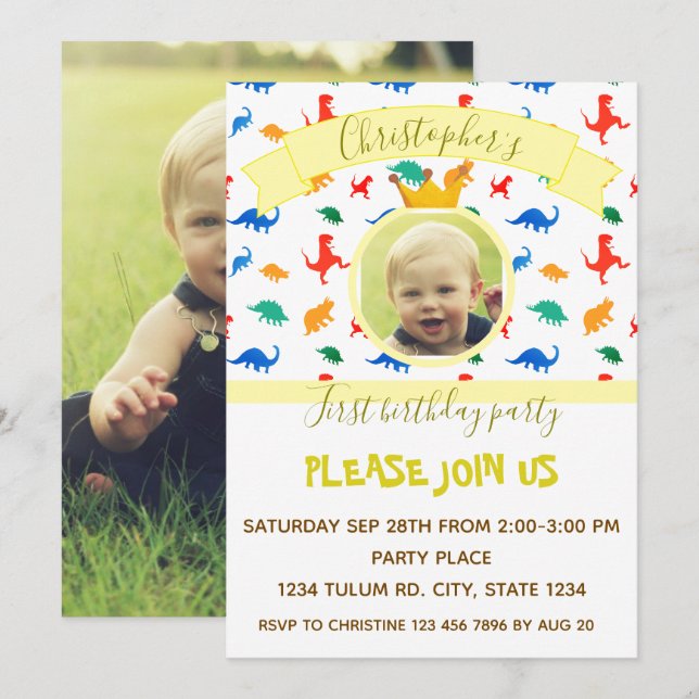 Invitation Dinosaur anniversaire de enfant fête bébé garçon p (Devant / Derrière)