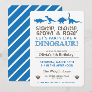Invitation Dinosaur Anniversaire Fête Bleu Stomp Chomp Roar